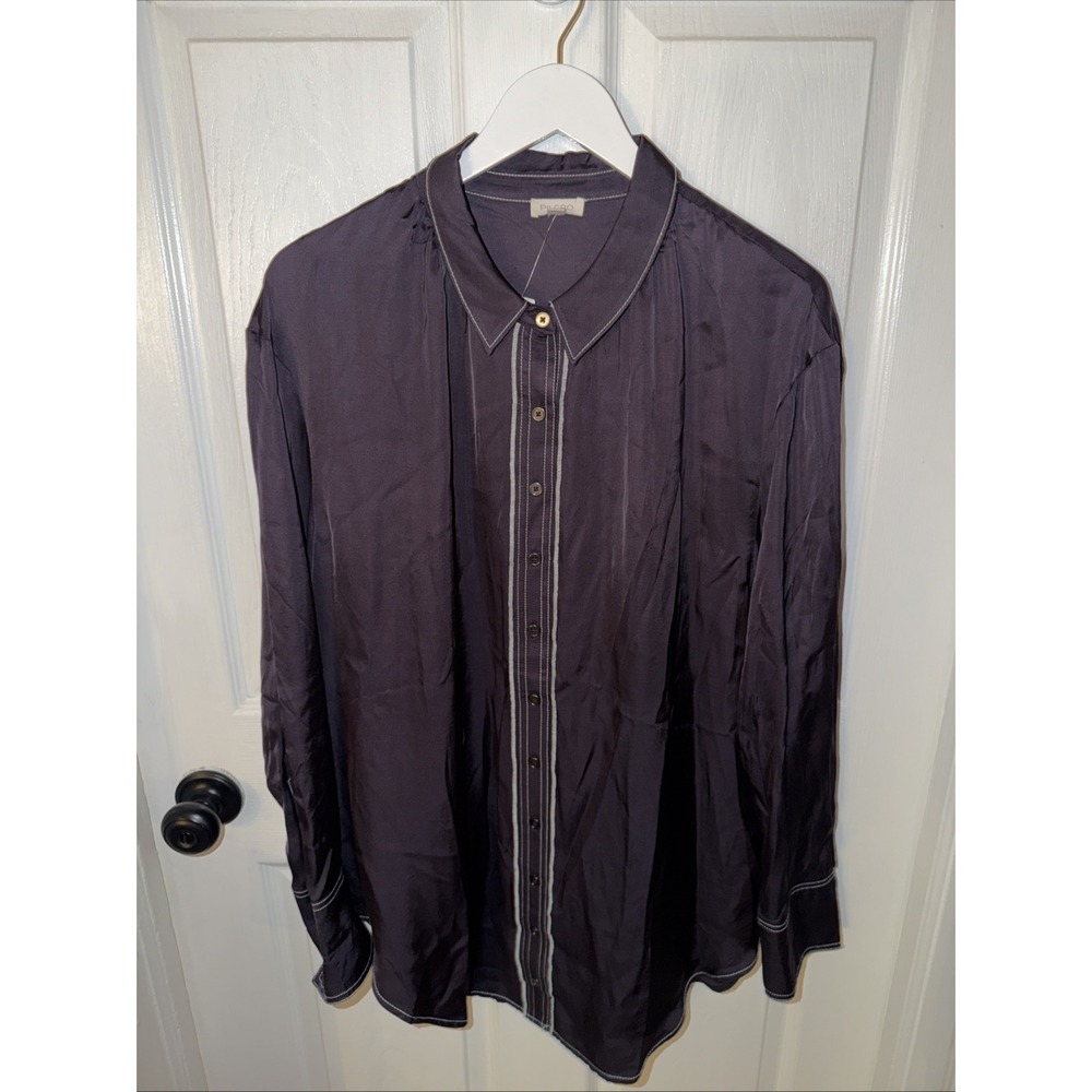 NEW! Pilcro Anthropologie Longline Silky Top Shirt Women's XL Navy Button